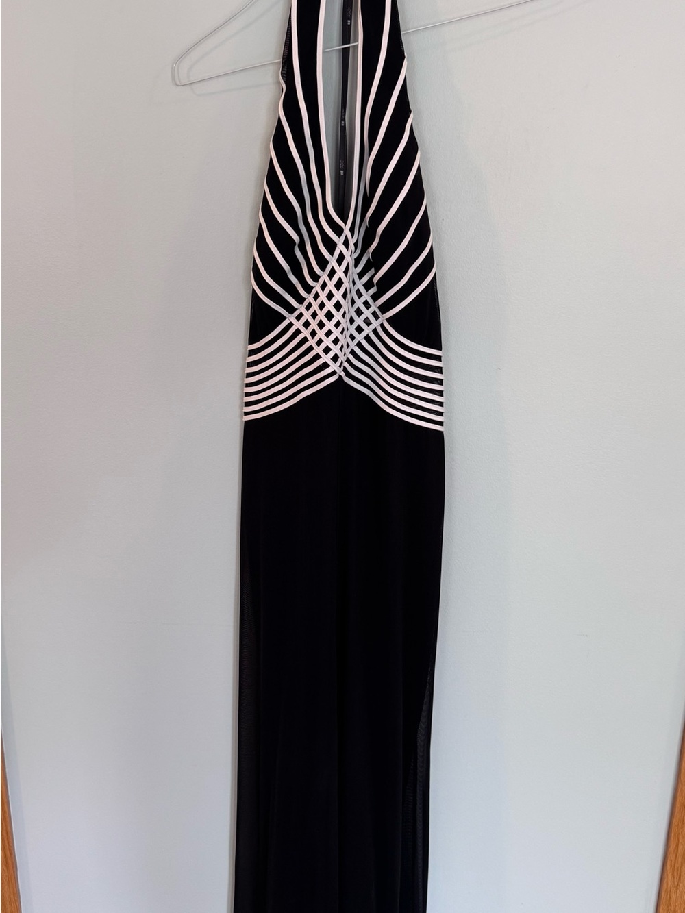 Tadashi Shoji Black Halter Maxi Dress with White Stripe Detail